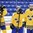 PLYMOUTH, MICHIGAN - APRIL 4: Sweden's Jessica Adolfsson #9, Lisa Johansson #15 and Michelle Lowenhielm #28 look on after a 4-0 quarterfinal round loss to Finland at the 2017 IIHF Ice Hockey Women's World Championship. (Photo by Matt Zambonin/HHOF-IIHF Images)

